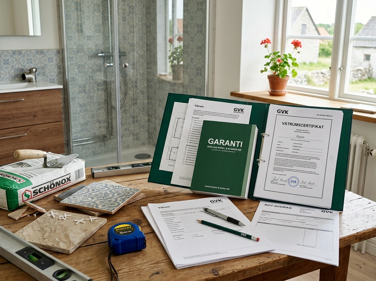 Badrumsrenovering med GVK-certifikat, garanti, kakel och verktyg på bord.