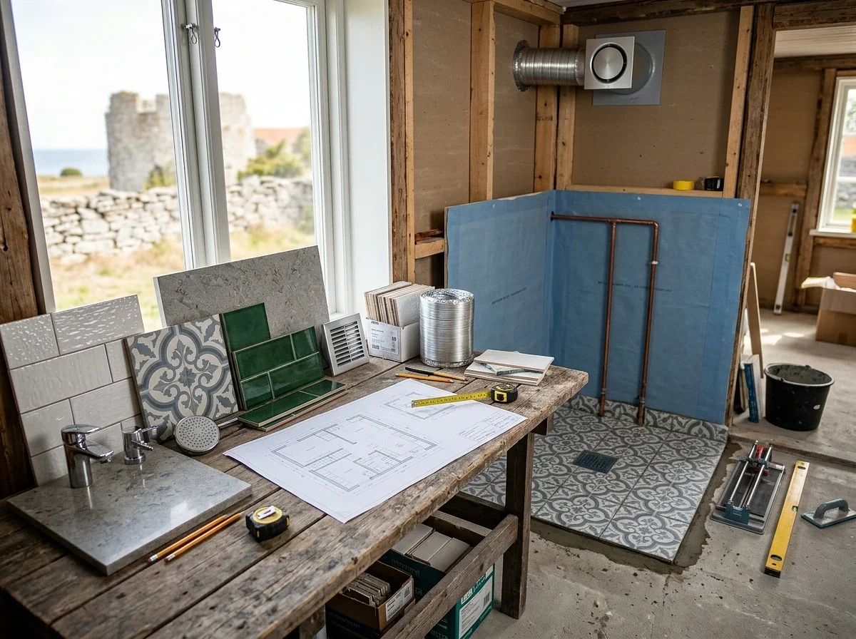 Badrumsrenovering med kakelprover, ritningar och kopparrör på arbetsbord.