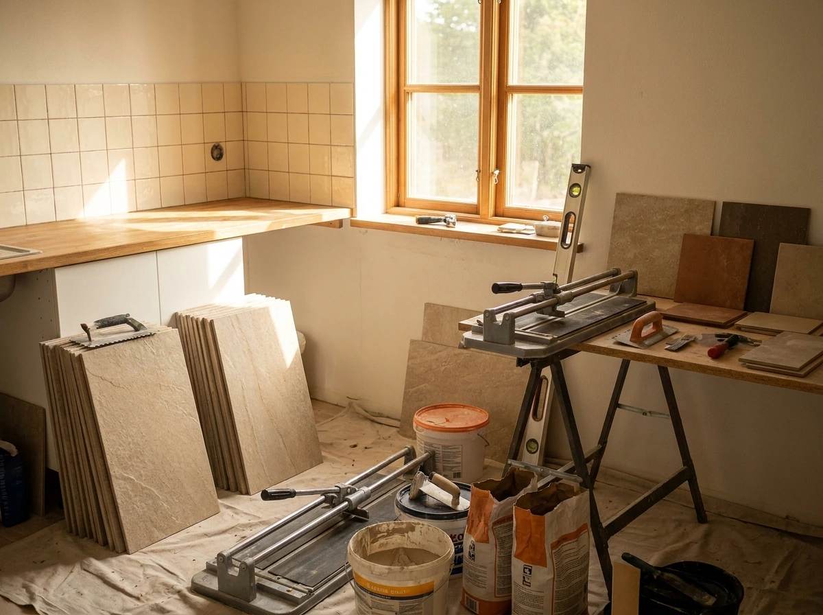 Kök under renovering med kakelplattor, verktyg och spackelhinkar.