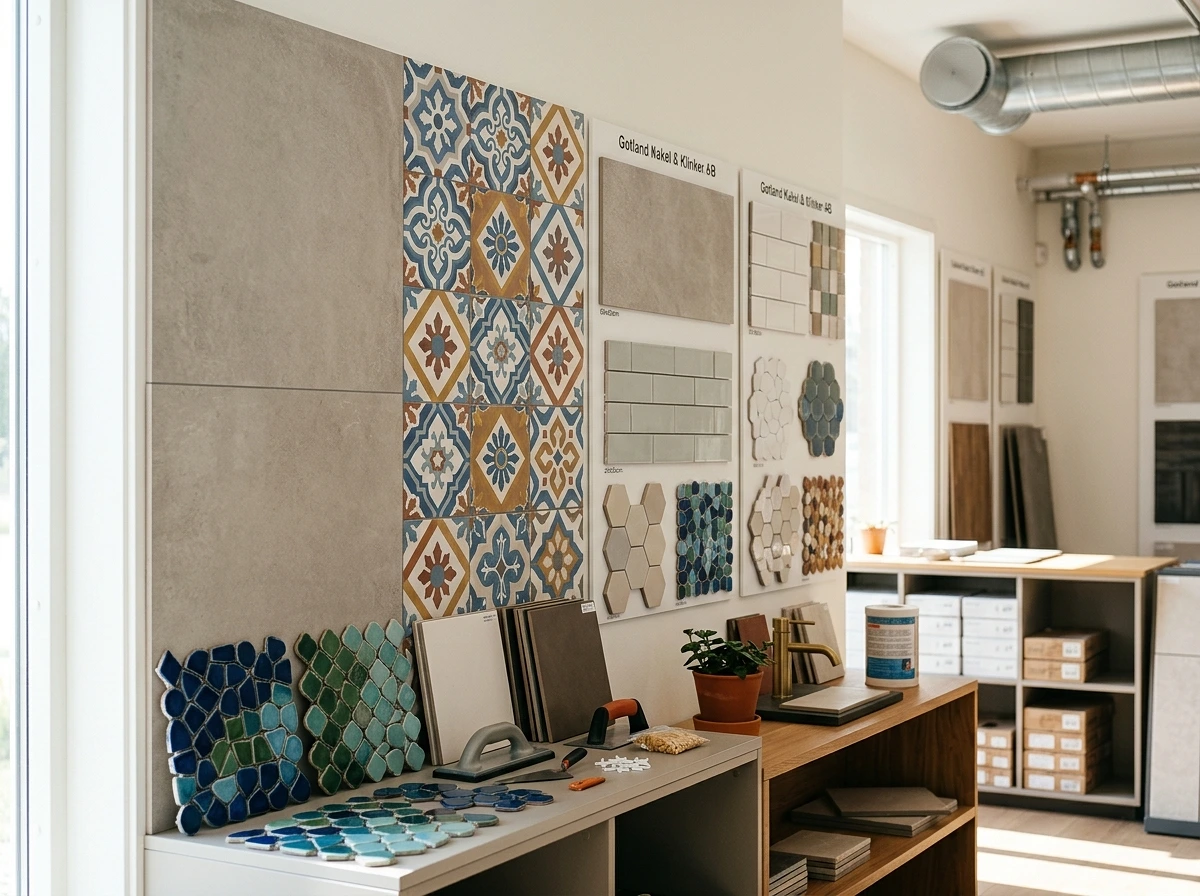 Kakelbutik med olika kakelprover och mosaiker på vägg och bänk.